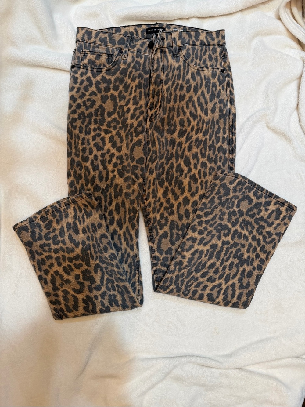 Women Good American Leopard Print High Rise Kick Flare Jeans 8/29